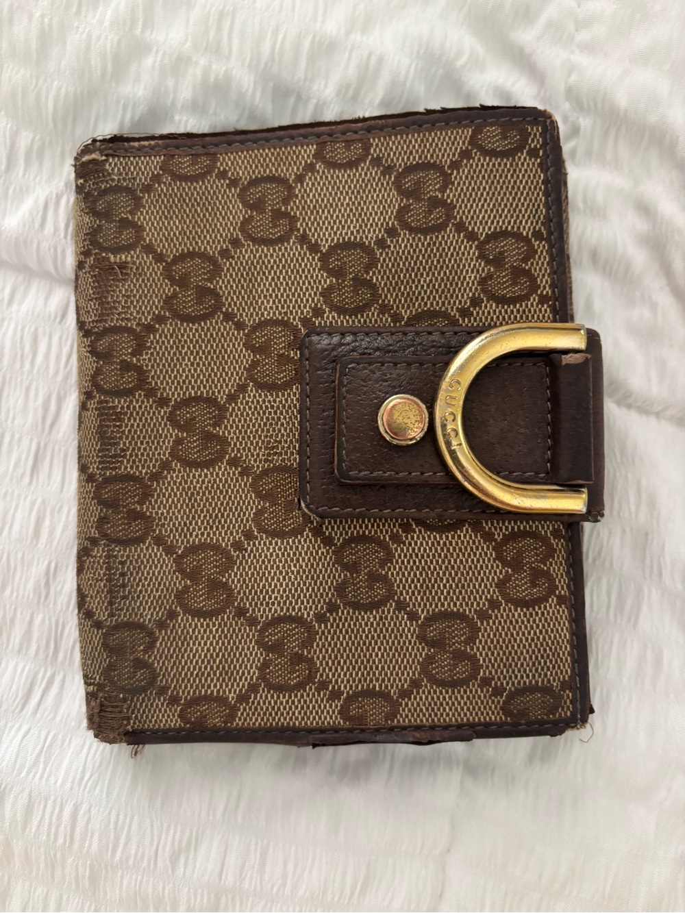 Authentic Vintage Gucci Brown Monogram Canvas Wallet with Gold Buckle Detail